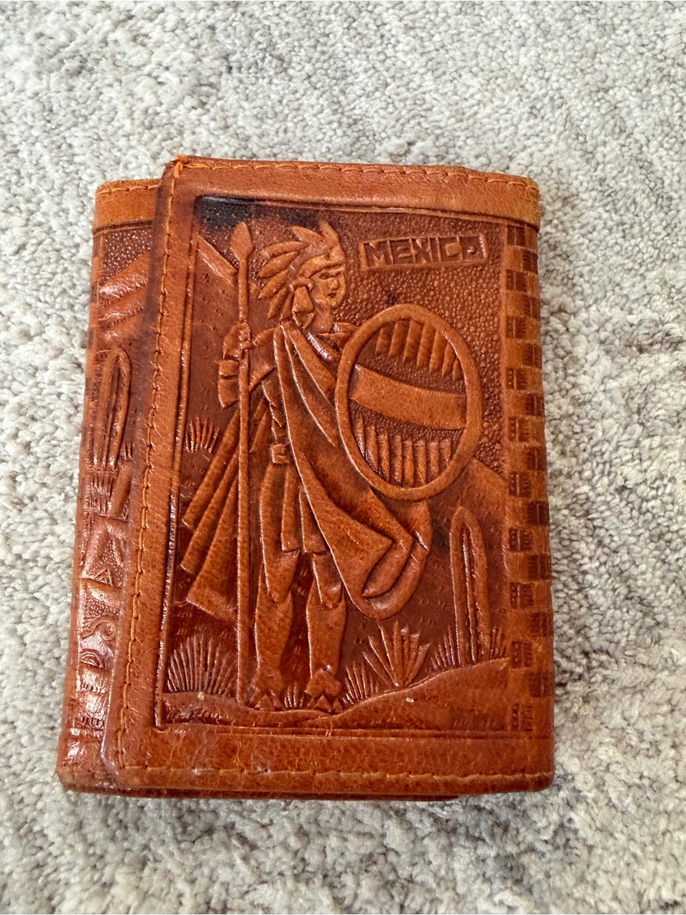 Hand Tooled Leather Trifold Wallet Mexico Photo Card Holders Aztec Mayan Design
